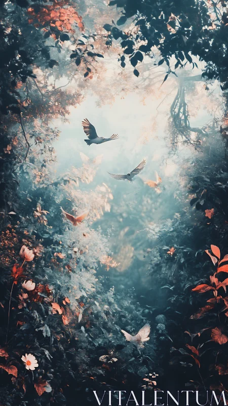 Luminous misty forest corridor with doves and warm teal foliage.