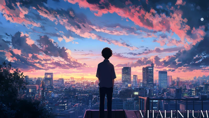 Twilight skyline viewed from rooftop with solitary figure.