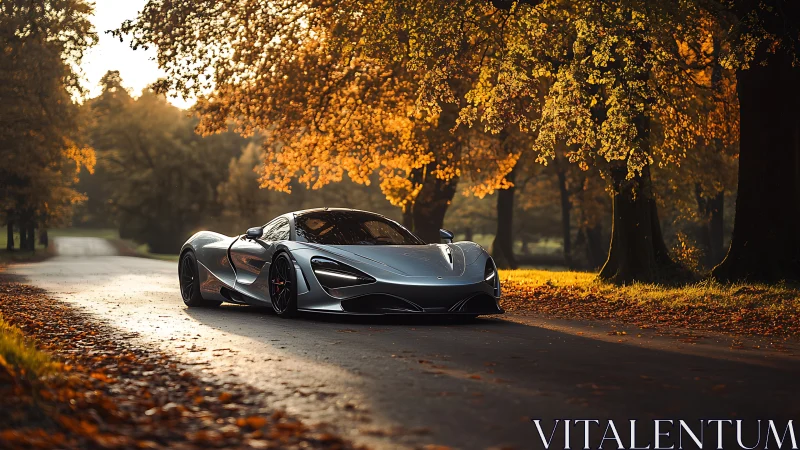 Low-slung silver sports car occupies sunlit autumn roadway