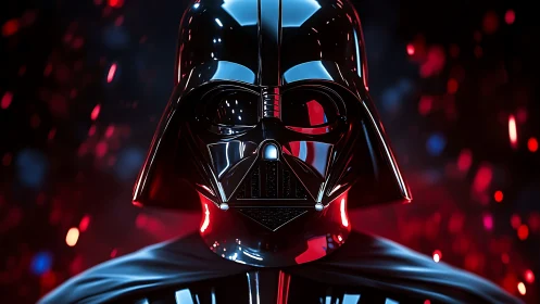 Dark armored sci fi figure in glossy black helmet portrait.