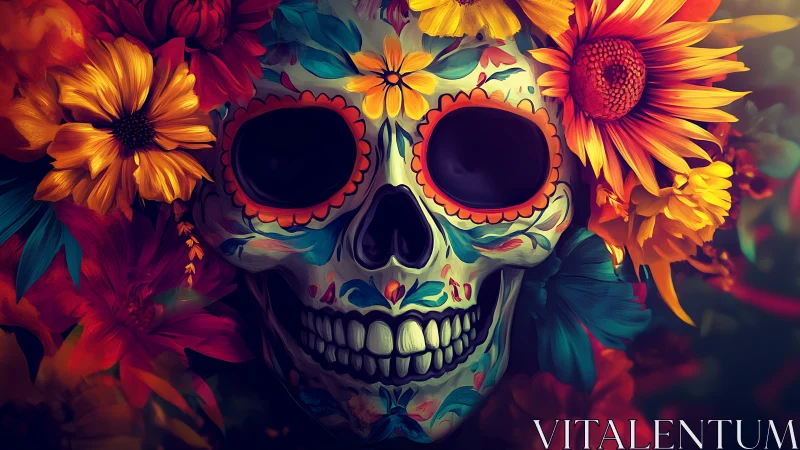 Decorated skull with multicolored flowers in close view.