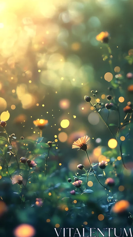 Sunlit wildflowers glow amid dreamy golden bokeh haze.