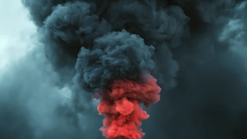 Chromatic turbulence column with red plume under cyan haze.