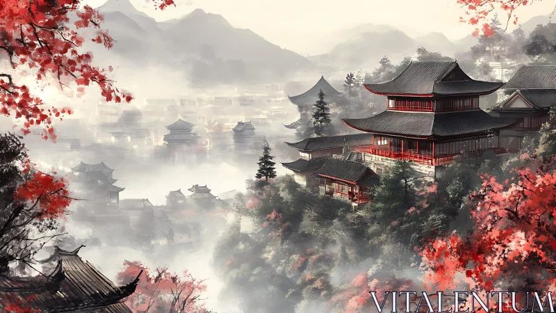 Misty mountain temples glow amid crimson autumn foliage.