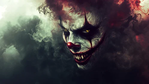 Demonic horror clown portrait in swirling red black smoke