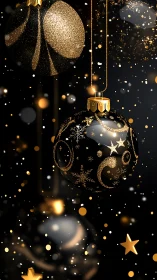 Black glass ornaments glow with gold festive sparkle.