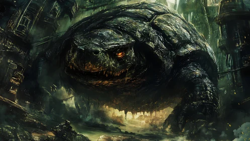Colossal armored turtle storms decayed industrial cityscape.