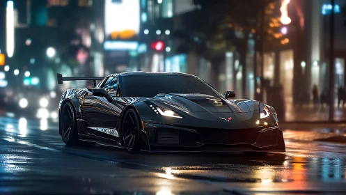Aerodynamic track-spec Corvette on wet neon urban boulevard.