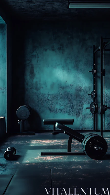 Low-key barbell gym interior renders with cinematic teal lighting