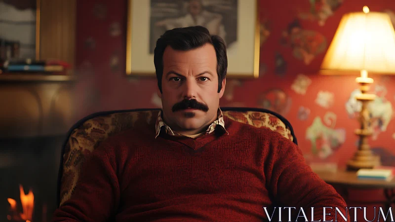 Mustached evening thinker settles into warm vintage glow