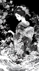 Monochrome geisha in floral vortex with dynamic wave geometry.