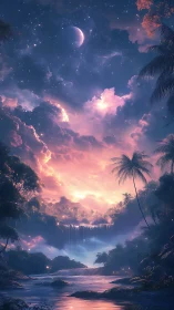 Tropical waterfall valley glows under nebula sky at dusk