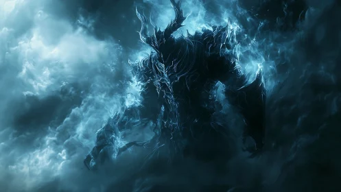 Mysterious spectral warrior rising from swirling blue mist.