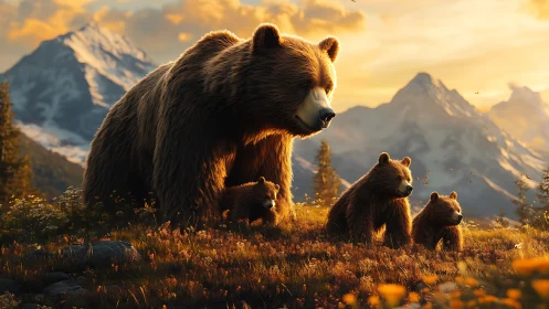 Gentle bear family wandering through glowing mountain meadow.