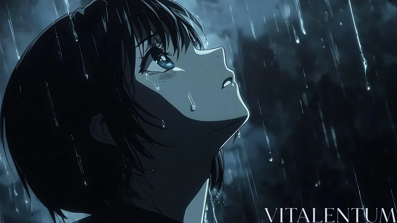 Anime profile portrait studies reflective gaze under heavy rain