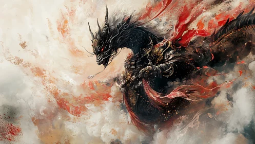 Firelit dragon knight soaring through swirling battle clouds.