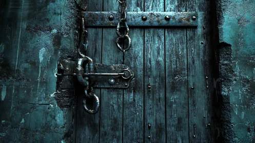 Rusted chains lock weathered wooden door in cold light