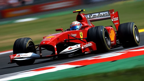 High-speed red Formula racing car cornering on asphalt circuit