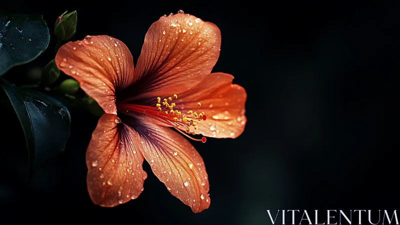 Coral hibiscus flower with water droplets on dark background
