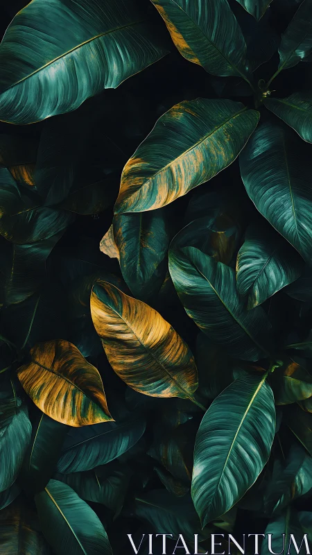 Tropical foliage study with teal shadows and golden decay.