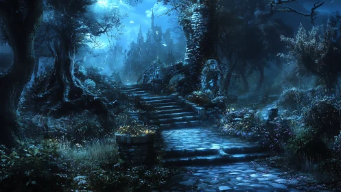 Moonlit stone stairway leading toward distant fantasy castle.