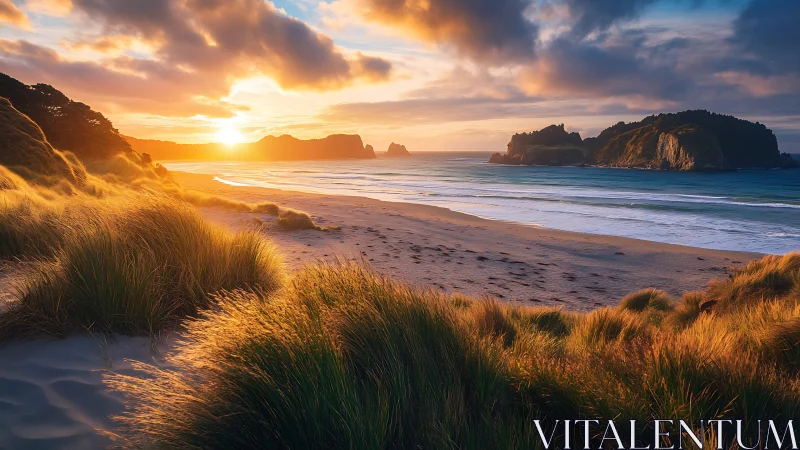 Sunlit coastal dunes, empty beach and distant sea cliffs.