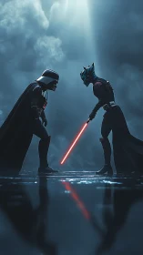 Cinematic duel composition with backlit silhouettes and reflective floor