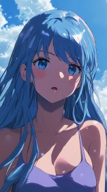 Blue haired anime girl gazes quietly at the summer sky.