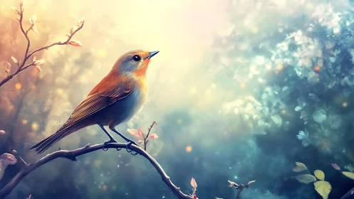 Dreamy Songbird on Branch in Pastel Nature Art Style.