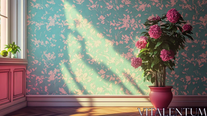 Hydrangea in pink pot against sunlit floral wallpaper.
