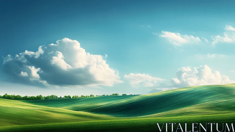 Gentle green hills under soft clouds and a calm blue sky.