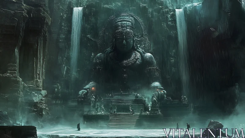 Colossal stone deity carved in cavern shrine with flanking waterfalls