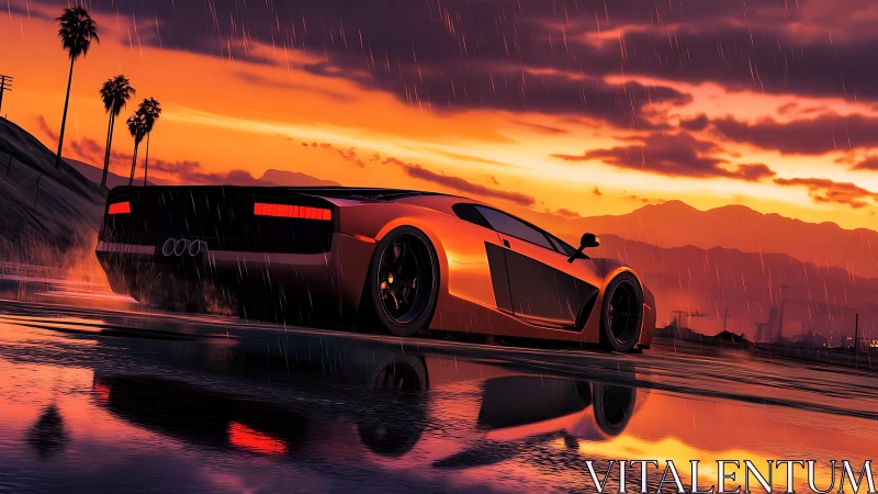 Sunset rain chase with a glowing supercar on wet highway.