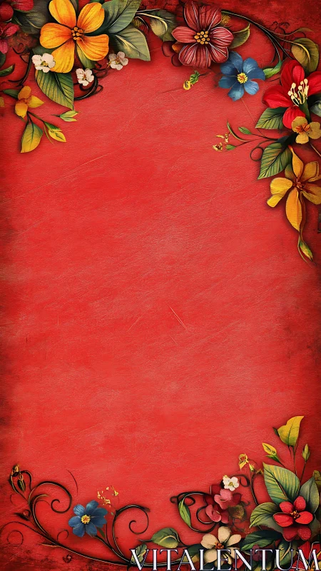 Floral Border Design on Red Textured Background.