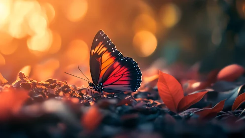 Backlit butterfly rests on autumn foliage in shallow focus