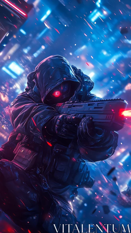 Neon-eyed cyber hunter diving through electric city gunfire.
