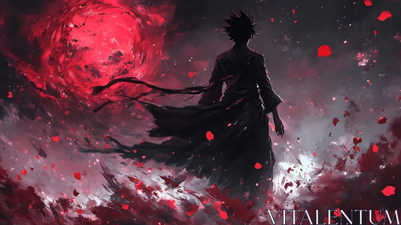 Silhouetted figure before red celestial vortex in sky.