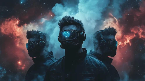 Triadic cybernauts immersed in nebular VR cosmos vision.