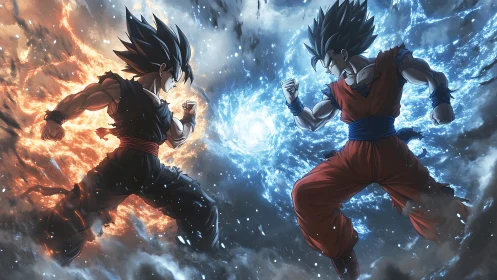 Dueling fire and ice warriors clash in stormlit anime cosmos.