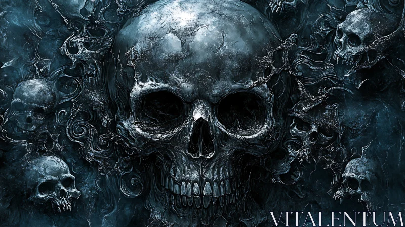 Monochrome necrotic skull cluster rendered in hyper-detailed relief