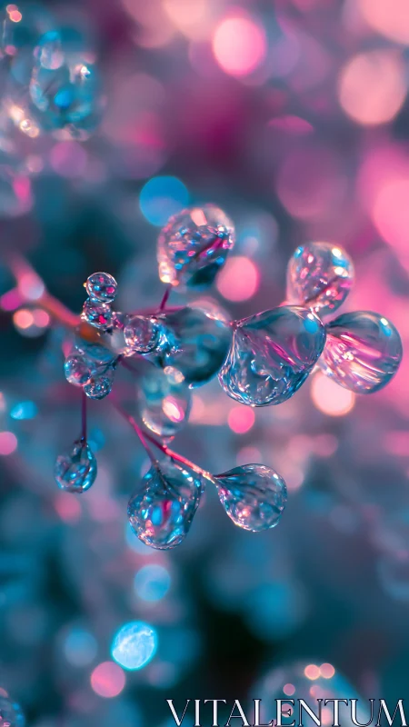 Macro bokeh study of water droplets in cyan magenta light