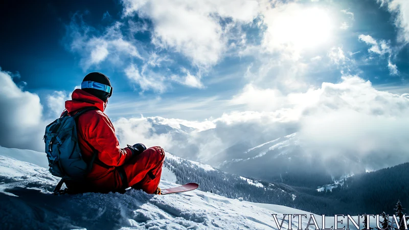Snowboarder in red gear resting on bright alpine slope.