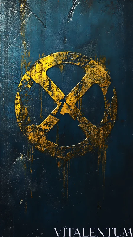 Weathered yellow circular emblem on dark textured surface.