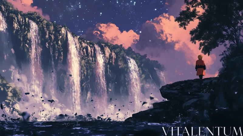 Solitary figure overlooking glowing waterfalls at dusk