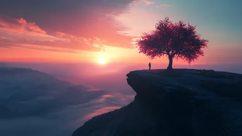 Quiet sunrise meeting beneath a lone cliffside tree.