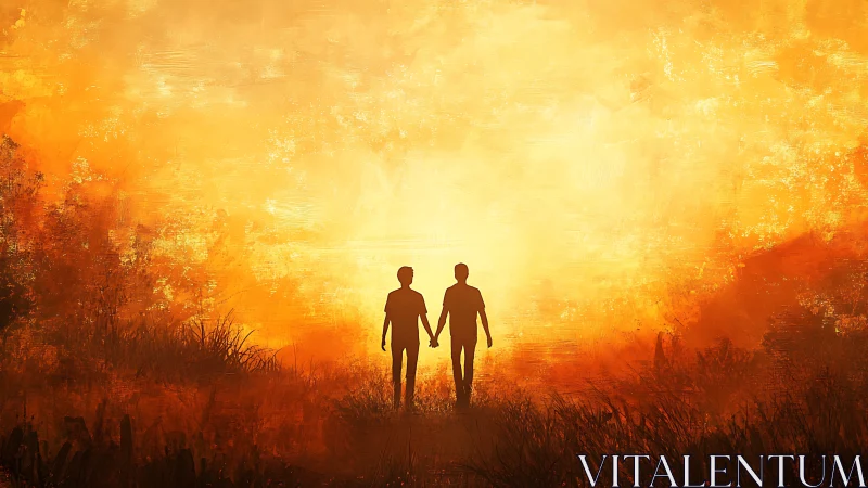 Digital painting of silhouetted couple in luminous sunset field.