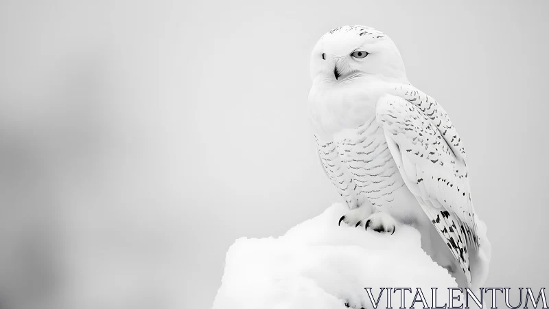 Snowy owl perched on snow in minimalistic winter landscape.