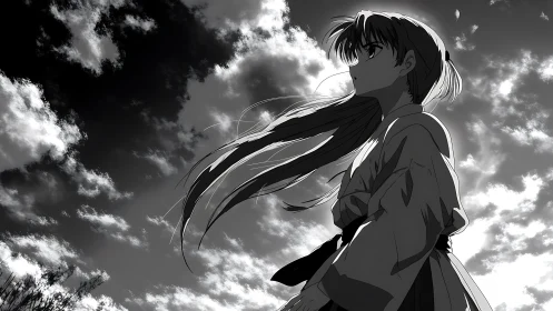 Monochrome anime heroine under high-contrast skyscape study.