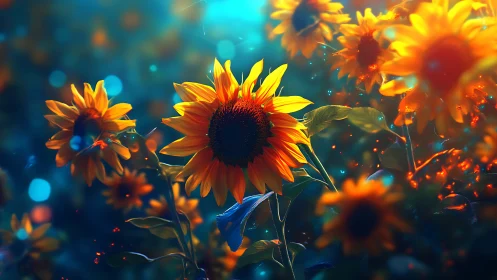 Sunflowers Dancing in Golden Light Amidst Turquoise Dreams.