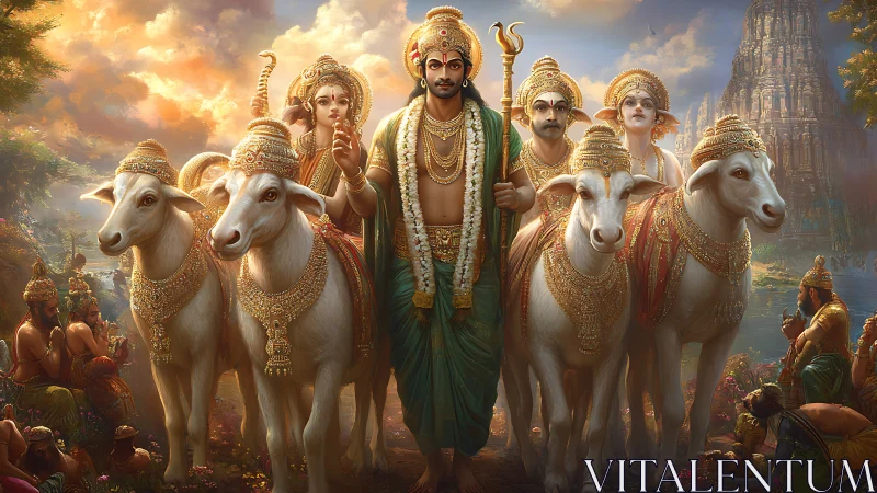 Radiant deity among sacred cows in a golden, tranquil land.